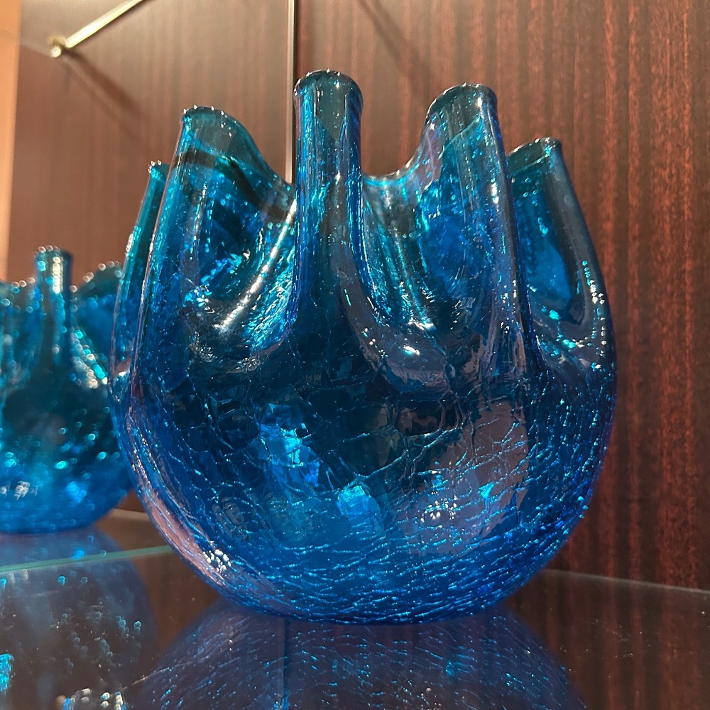 Hand Blown Pilgrim Glass Rose Bowl Blue Crackle Pinched Pleated Rim